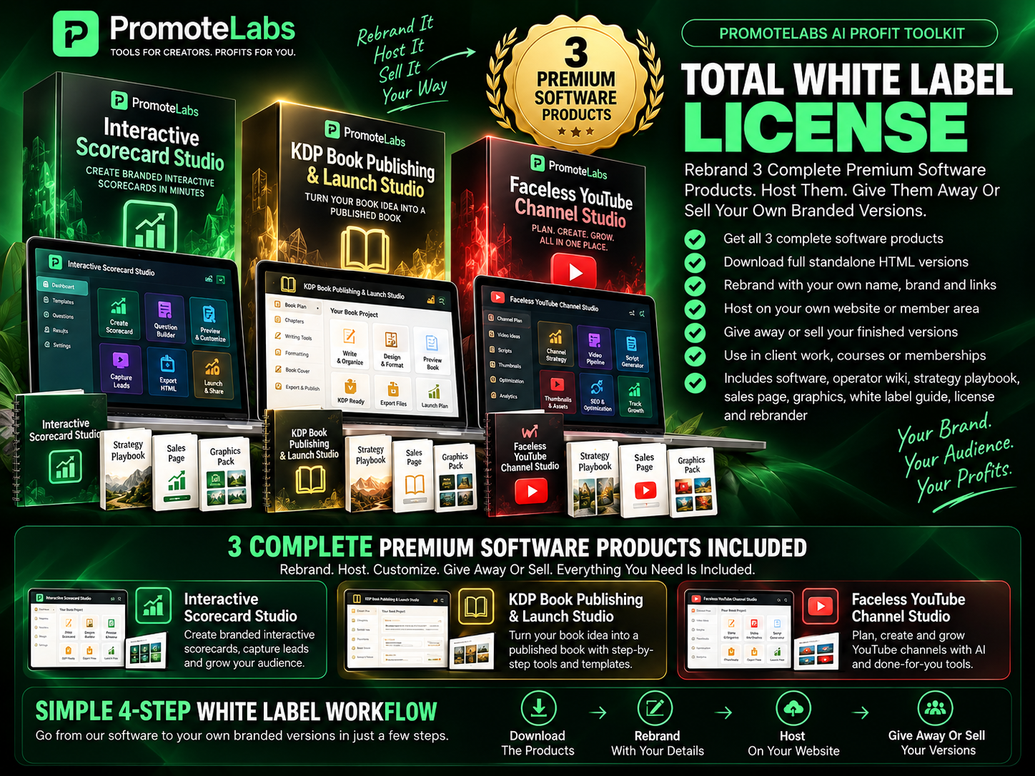 PromoteLabs Total White Label License for Interactive Scorecard Studio, KDP Book Publishing and Launch Studio, and Faceless YouTube Channel Studio