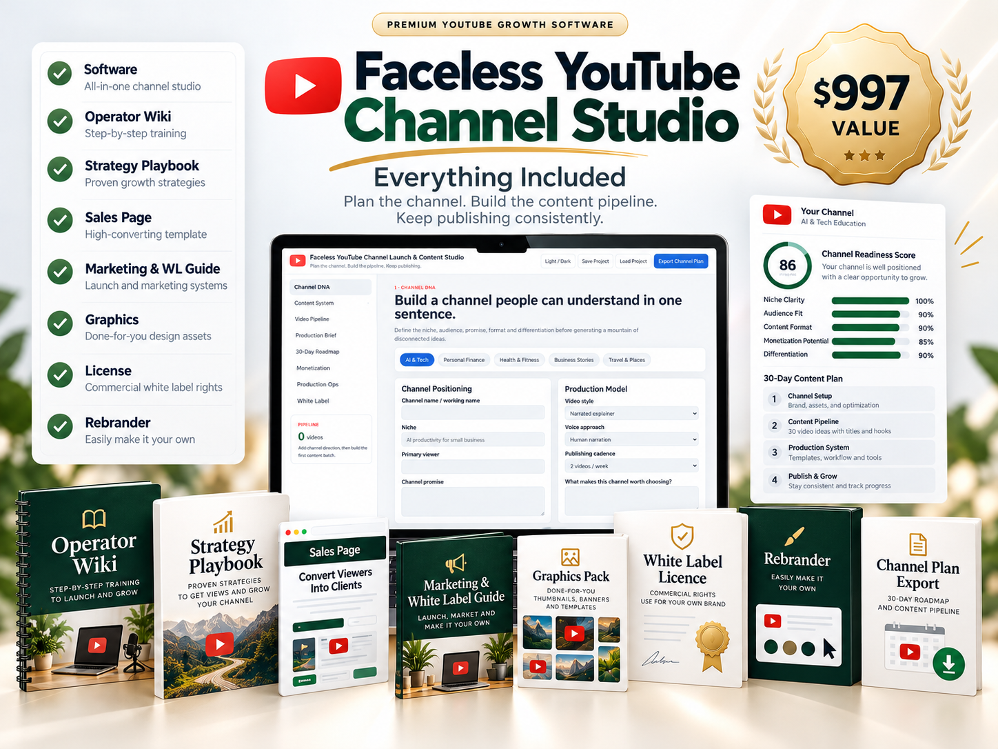 Faceless YouTube Channel Studio premium white label bundle contents